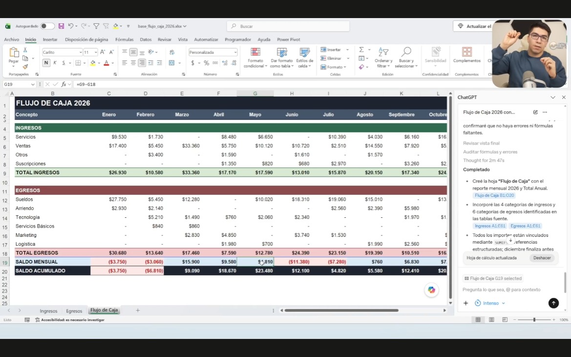 La IA construyendo un flujo de caja dentro de Excel